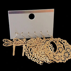 New on card Lightweight Gold Tone Dangly Earring Set of 3 Dragonfly Medallion
